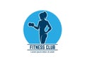 Fitness club logo or emblem with woman silhouettes. Woman holds dumbbell.