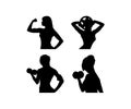 Fitness club logo with exercising athletic man and woman isolated on white, Silhouette of Training Bodybuilder Girl with Barbell.