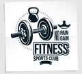 Fitness club vector advertising poster composed using disc weight dumb-bell and kettle bell sport equipment. No pain no gain Royalty Free Stock Photo