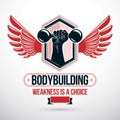 Fitness club vector graphic emblem composed using bird wings