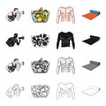 Fitness coach, fruit salad, male torso, gymnastic mat. Fitness set collection icons in cartoon black monochrome outline