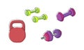 Fitness colored set with kettlebell one line art. Continuous line drawing of sport, strength, power, fitness, activity