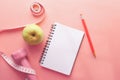 Fitness concept with dumbbell apple and notepad on pink
