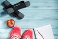 Fitness concept, pink sneakers, red apple, dumbbells and notebook with pencil on wooden background, top view Royalty Free Stock Photo