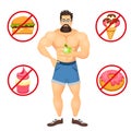 Fitness concept with sport bodybuilder Bearded Hipster with glasses. Muscular Fitness models. Useful and harmful food. Vector