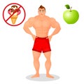 Fitness concept with sport bodybuilder man. Muscular Fitness models. Mens physique athlete. Useful and harmful food