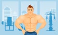 Fitness concept with sport bodybuilder man. Muscular models. Mens physique athlete in a Fitness gym interior. Vector