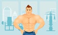 Fitness concept with sport bodybuilder man. Muscular models. Mens physique athlete in a Fitness gym interior. Vector