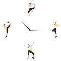 Fitness concept with the sporty woman on a white background on the clock.