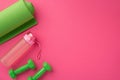 Fitness concept. Top view photo of green dumbbells sports mat and pink bottle of water on isolated pink background with empty Royalty Free Stock Photo