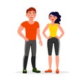 Fitness couple isolated on white background. Young man and woman in good shape dressed in sportswear  illustration in flat d Royalty Free Stock Photo