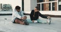 Fitness, couple and stretching body on rooftop in workout, exercise or outdoor training together. Happy man and woman in Royalty Free Stock Photo