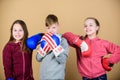 Fitness diet. energy health. punching knockout. Childhood activity. Sport success. Team fight. workout of small girls Royalty Free Stock Photo