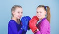 Fitness diet. energy health. Sport success. Friendship. workout of small girls boxer in sportswear. Happy children Royalty Free Stock Photo