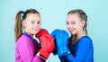 Fitness diet. energy health. Sport success. Friendship. workout of small girls boxer in sportswear. Happy children Royalty Free Stock Photo