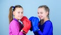 Fitness diet. energy health. Sport success. Friendship. workout of small girls boxer in sportswear. Happy children Royalty Free Stock Photo