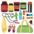 Fitness and diet set. Sports nutrition set. Bags for training, trainers, dumbbells and supplements for athletes. Things