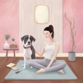 fitness dog woman yoga adult training home cartoon sport body lifestyle. Generative AI. Royalty Free Stock Photo