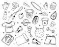 Fitness doodles set. Sports equipment, healthy food, training clothes, kettlebell, dumbbell. Hand drawn vector illustration Royalty Free Stock Photo