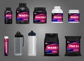 Fitness drink bottles sport nutrition protein containers packages black white realistic dark transparent set isolated vector