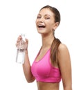 Fitness, drinking water and portrait of happy woman on a white background for workout, exercise and training. Smile