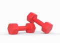 Fitness dumbbells pair. Two red color rubber or plastic coated dumbbell weights isolated on white background Royalty Free Stock Photo