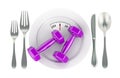 Fitness dumbbells on the plate with weight scale. 3D rendering