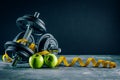 Fitness dumbbells weights equipment selective focus fitness club. Royalty Free Stock Photo