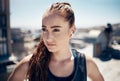 Fitness, earpods and woman in the city for outdoor workout while listening to music, podcast or radio. Training Royalty Free Stock Photo