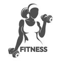 Fitness Emblem with athletic girl holds dumbbell