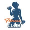 Fitness Emblem with Training Girl Holds Dumbbells