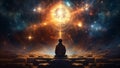 Energy female yoga cosmos universe star silhouette zen space lotus meditating spirituality blue