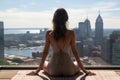 A Fitness Enthusiast Doing Yogathe Rooftop Of A Luxury Apartment Building With A Panoramic View