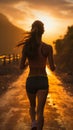 Fitness enthusiast, a woman runs a sunset trail, preparing for a marathon