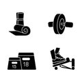 Fitness equipment black glyph icons set on white space