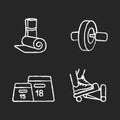 Fitness equipment chalk white icons set on black background