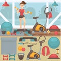 Fitness equipment and gym interior.