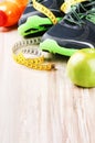 Fitness equipment and healthy nutrition Royalty Free Stock Photo