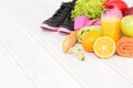 Fitness equipment and healthy nutrition. Royalty Free Stock Photo