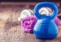 Fitness Equipment. Kettlebell dumbbells towel water and measuring tape