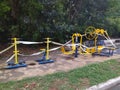 Fitness equipment of a public park unavailable for public using following the coronavirus pandemic.