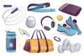 Fitness equipment set graphic elements in flat design. Bundle of jumping rope, towel, kettlebell, ball, headphones, sneakers,
