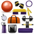 Fitness equipment vector bodybuilding dumpbell fitball and step board for sport exercises in gym illustration set of fit