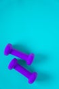 Fitness equipment with womens purple weights/ dumbbells isolated on a light sky blue background with copyspace Royalty Free Stock Photo