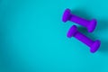 Fitness equipment with womens purple weights/ dumbbells isolated on a light sky blue background with copyspace Royalty Free Stock Photo