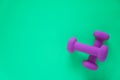 Fitness equipment with womens purple weights/ dumbbells isolated on a teal green background with copyspace Royalty Free Stock Photo