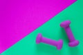 Fitness equipment with womens purple weights/ dumbbells isolated on a teal green background with copyspace Royalty Free Stock Photo