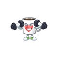 Fitness exercise cup coffee love mascot icon with barbells
