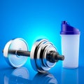 Fitness exercise equipment dumbbell weights and shaker on blue background. Royalty Free Stock Photo