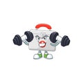 Fitness exercise first aid kit cartoon character using barbells